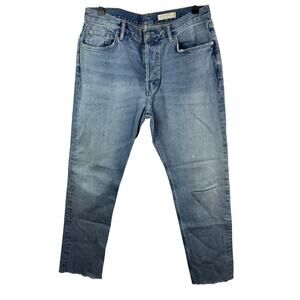 AllSaints Dean Blue Jeans Denim Distressed Straight Leg Raw Hem Zip Fly Size 32